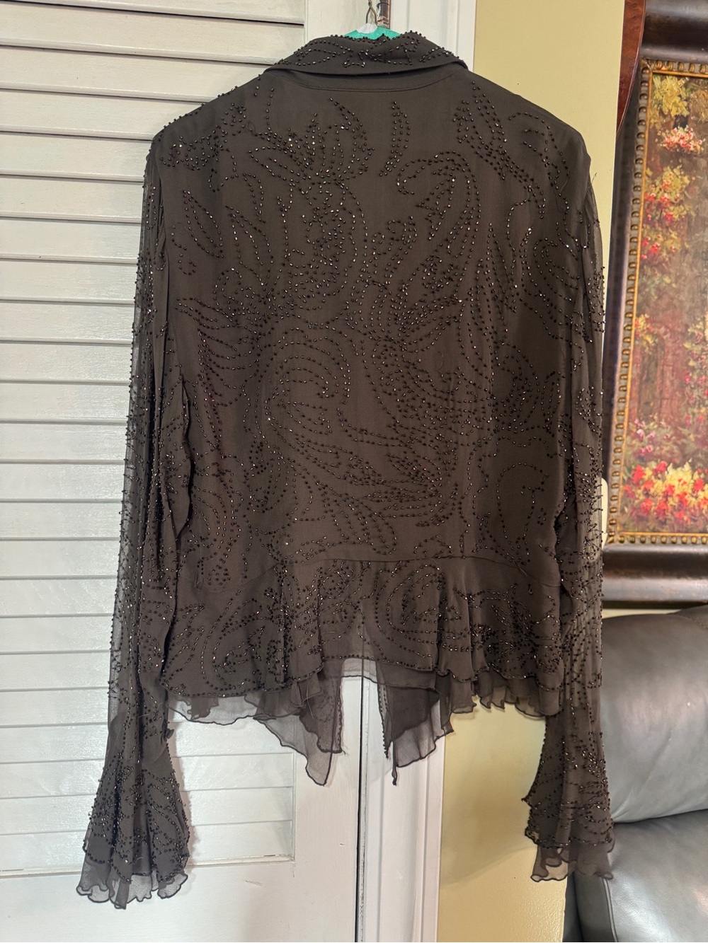 Women's Black Beaded Ruffle Front Button-Down Blouse - Picture 3 of 8